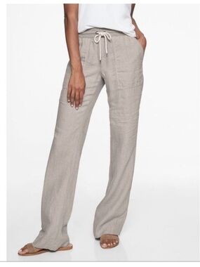Athleta Bali Linen Stripe Trouser Casual Pants Gray White 100% Linen Size 8 GUC